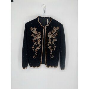 Vintage Bala Far Beaded cardigan Black w/ Gold beads size 40 wool blend